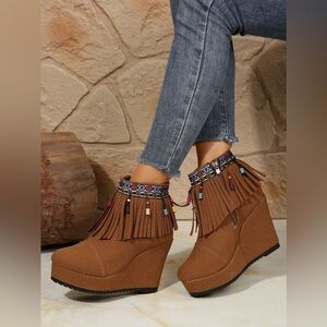Fringe Suede Wedge Boots